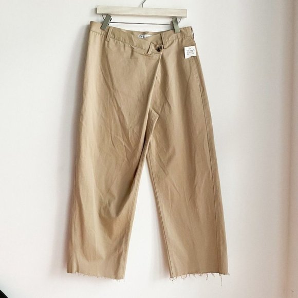 NWT Zara Asymmetrical Waistline Wide Leg Cargo Desert Khaki Pants L - Picture 1 of 9